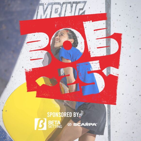 Battle of Britain logo layered over a female climber looking up smiling as they mantel a large yellow dual tex hold