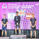 Podium picture of the finals of the Junior European Championships with 3rd place on the right, 2nd palce on the right and Dayan Akhtar in first place centrally. All Athletes are wearing their gold medals and looking happy