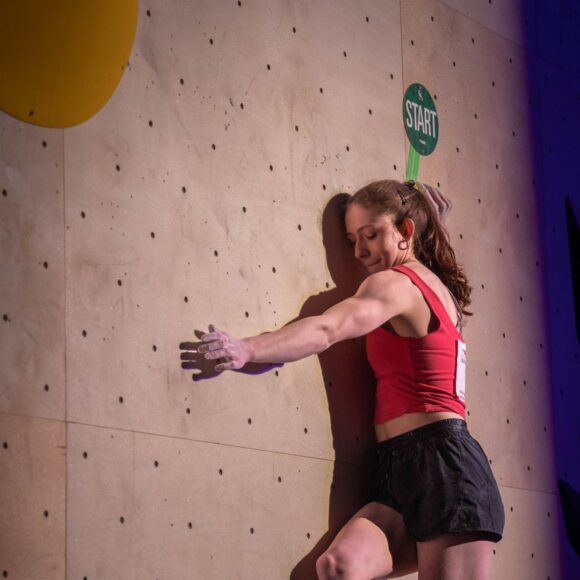 Emma Edwards balances along a slab