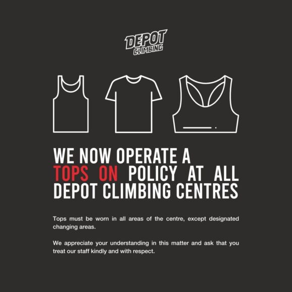 Depot Climbing tops on policy image highlighting a tshirt, vest and sportrs bra as examples