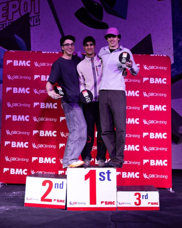 British Bouldering Championships Mens Podium with Dayan Akhtar centre, Jack MacDougall left and Hamish McArthur right