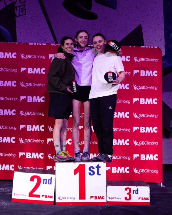 British Bouldering Championships womens podium, with Emma Edwards centre, Zoe Peetermans left and Lucy Garlick right